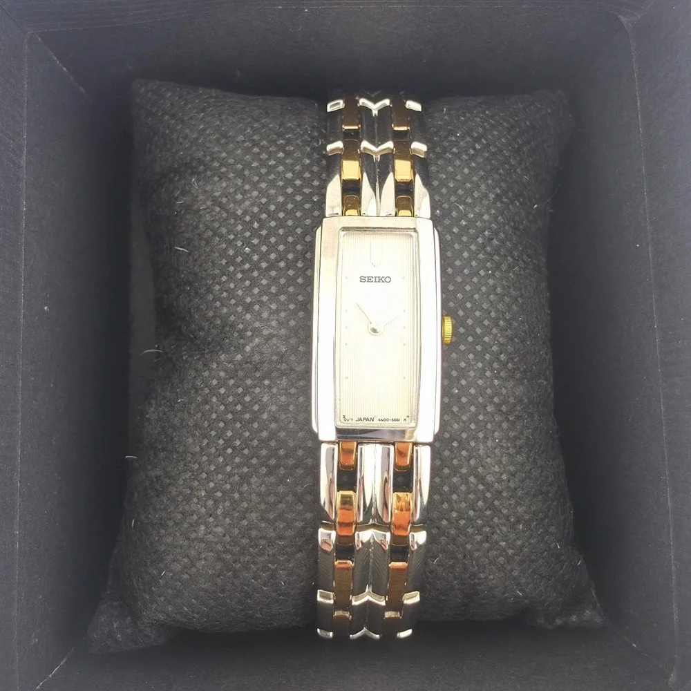 Vtg SEIKO Ladies Watch 4N00-7089 White Rectangle Dial Silver Gold Plate 7.25